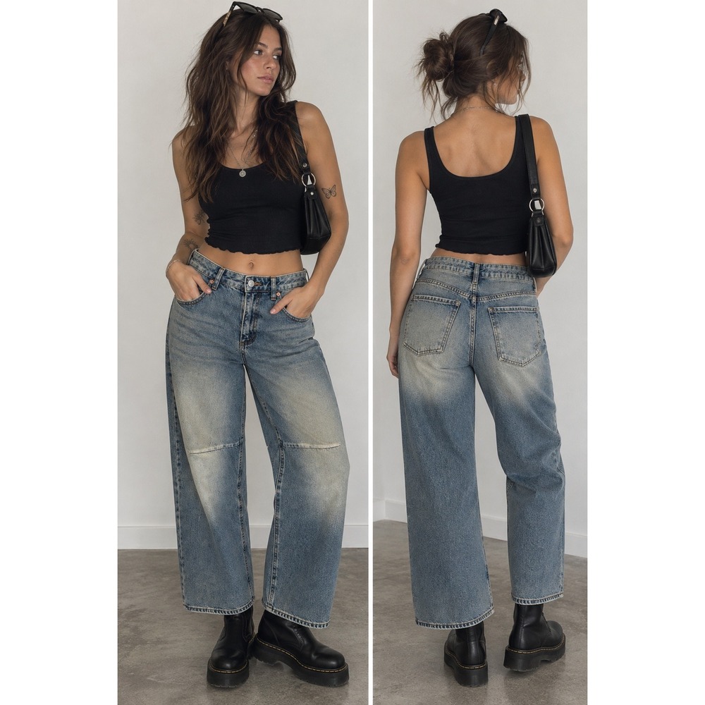 S.O.N.G. Y2K Baggy Jeans 7/8 Faded Wide Leg Skater Grunge Denim 90s Barrel